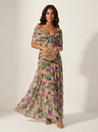 Pleated maxi evening dress strapless with short sleeve, flowing silhouette
