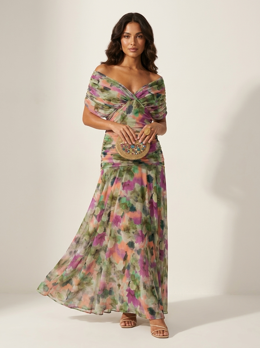 Pleated maxi evening dress strapless with short sleeve, flowing silhouette