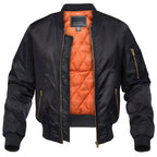 Men's aviator bomber jacket with warm orange lining, available in black and green