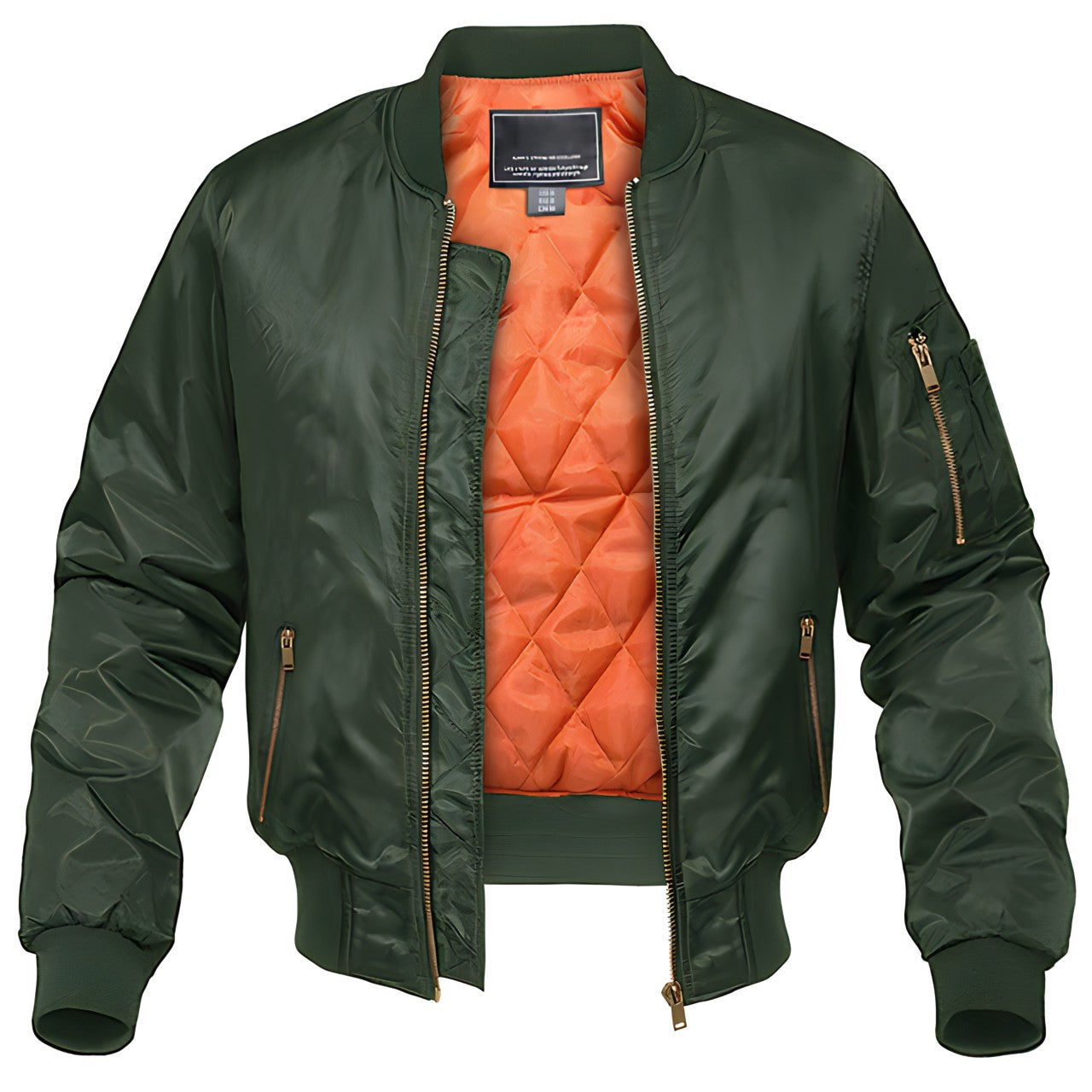 Men's aviator bomber jacket with warm orange lining, available in black and green