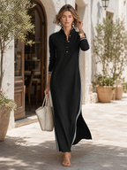 Women's maxi sweatshirt dress with button-down collar and white trim, minimalist relaxed fit