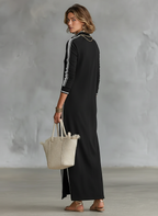 Women's maxi sweatshirt dress with button-down collar and white trim, minimalist relaxed fit