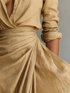 Women's maxi dress with lapel V-neck, belted waist and long sleeves in cotton tencel
