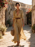 Women's maxi dress with lapel V-neck, belted waist and long sleeves in cotton tencel