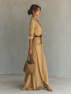Women's maxi dress with lapel V-neck, belted waist and long sleeves in cotton tencel