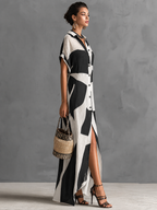 Shirt Dress Women Cotton Linen Geometric Print Maxi | Rosalind