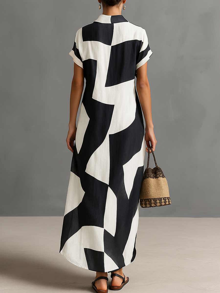 Shirt Dress Women Cotton Linen Geometric Print Maxi | Rosalind