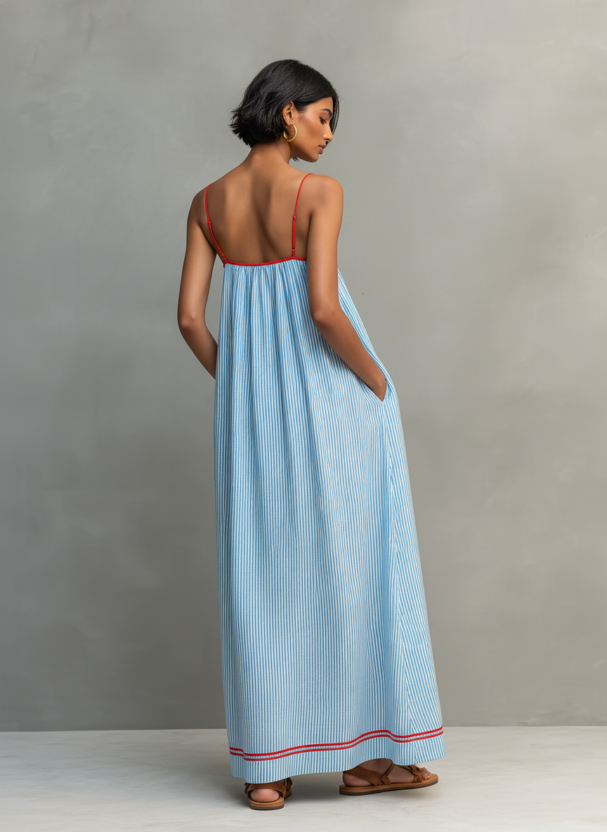 Women's striped maxi dress with spaghetti straps and red trim detail
