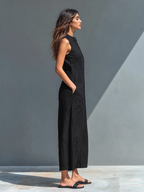 Women's linen jumpsuit sleeveless button-up stand collar loose fit