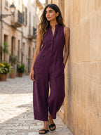 Women's linen jumpsuit sleeveless button-up stand collar loose fit