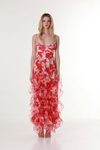 Women tulle floral maxi dress with plunge neckline and 3D flower appliqués
