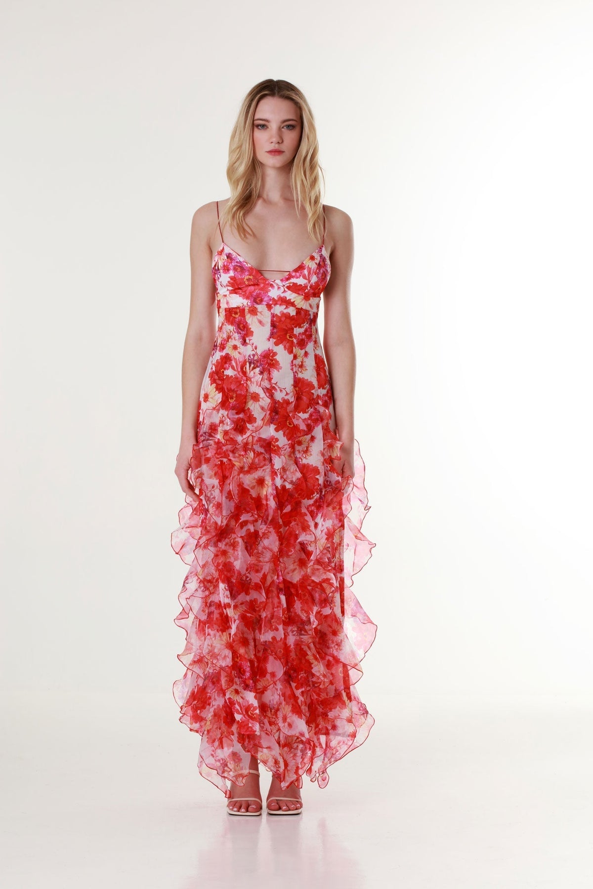 Women tulle floral maxi dress with plunge neckline and 3D flower appliqués