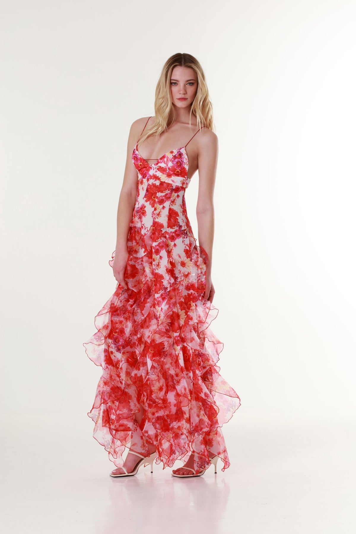 Women tulle floral maxi dress with plunge neckline and 3D flower appliqués