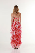 Women tulle floral maxi dress with plunge neckline and 3D flower appliqués