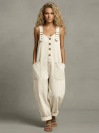Women denim overalls button front relaxed fit with patch pockets