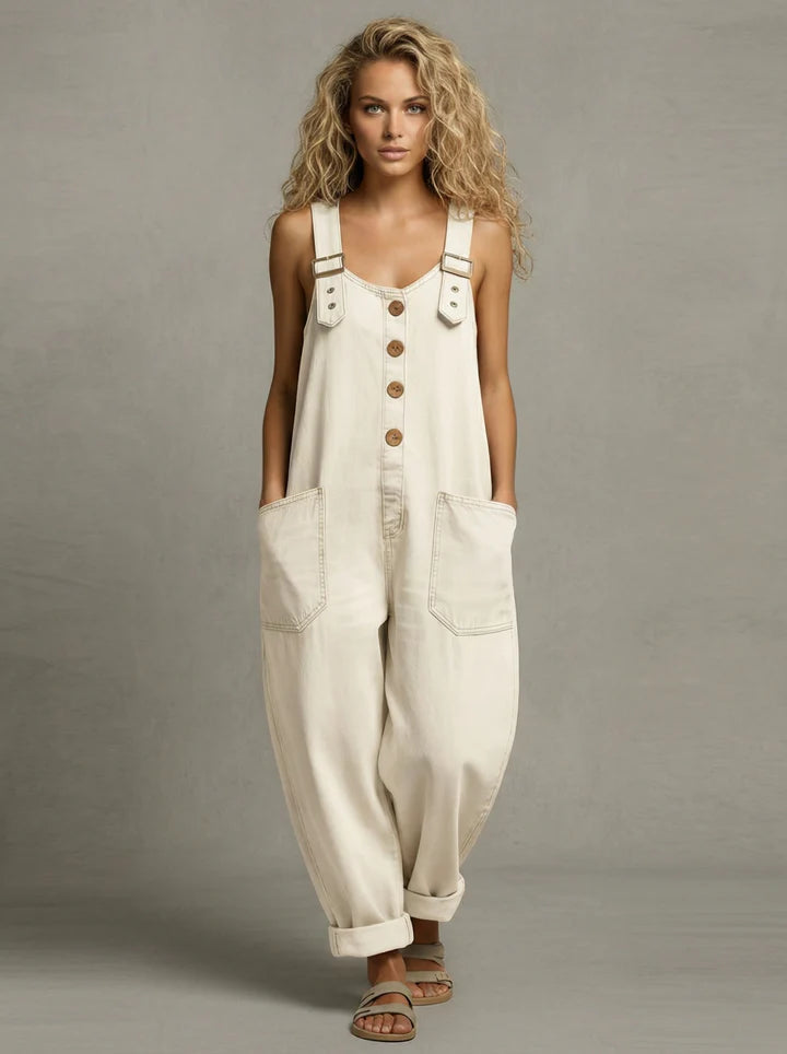 Women denim overalls button front relaxed fit with patch pockets
