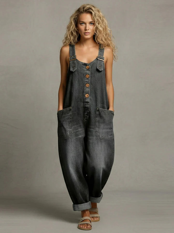 Women denim overalls button front relaxed fit with patch pockets