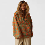 Women floral half zip jumper long sleeve loose fit in yellow pink orange