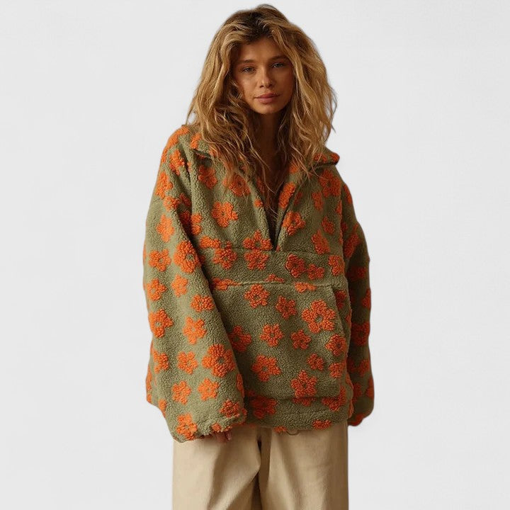 Women floral half zip jumper long sleeve loose fit in yellow pink orange