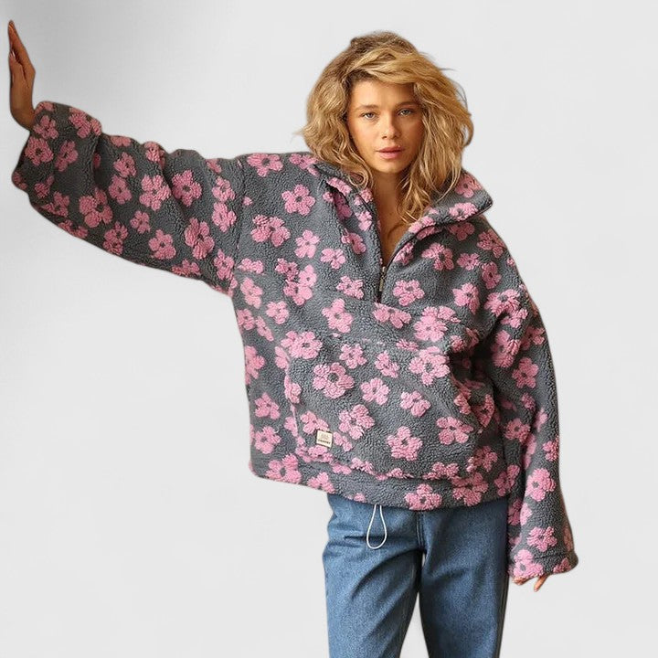 Women floral half zip jumper long sleeve loose fit in yellow pink orange