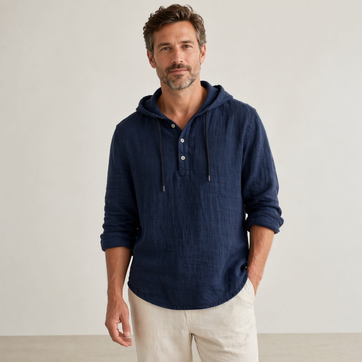 Men's linen shirt relaxed fit with adjustable drawstring hood, lightweight breathable