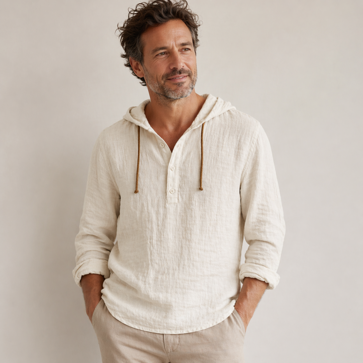 Men's linen shirt relaxed fit with adjustable drawstring hood, lightweight breathable