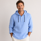 Men's linen shirt relaxed fit with adjustable drawstring hood, lightweight breathable