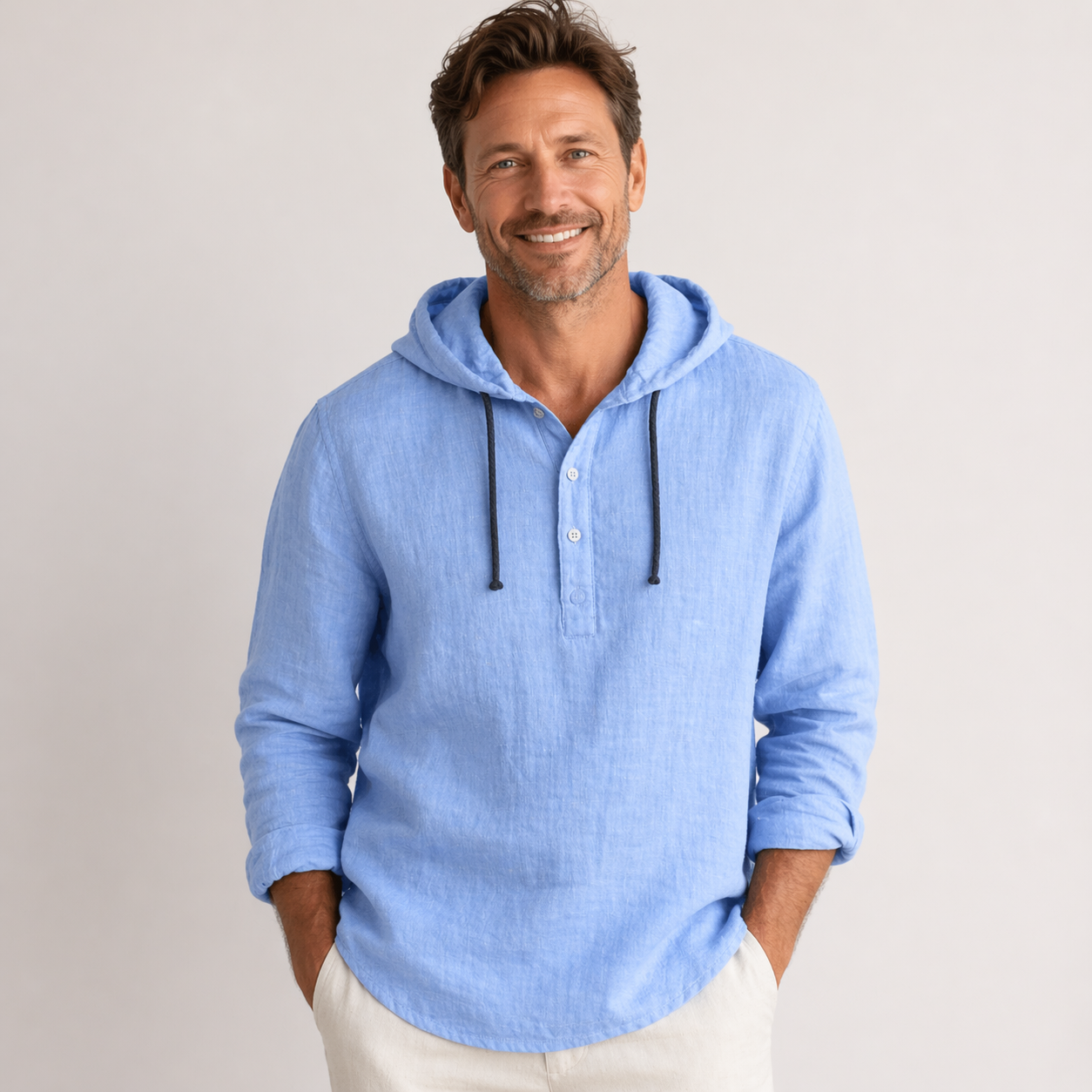 Men's linen shirt relaxed fit with adjustable drawstring hood, lightweight breathable