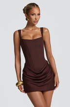 Women's mini dress with square neckline, draped skirt and lace-up back