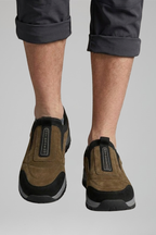 Men's slip-on walking shoes with orthopedic support and rugged treaded outsole