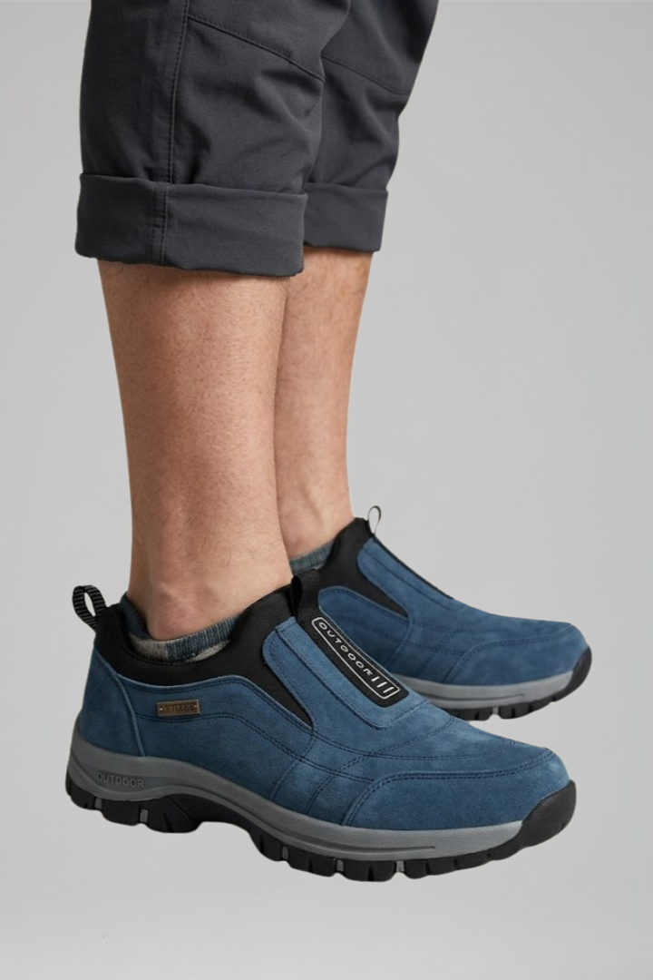 Men's slip-on walking shoes with orthopedic support and rugged treaded outsole