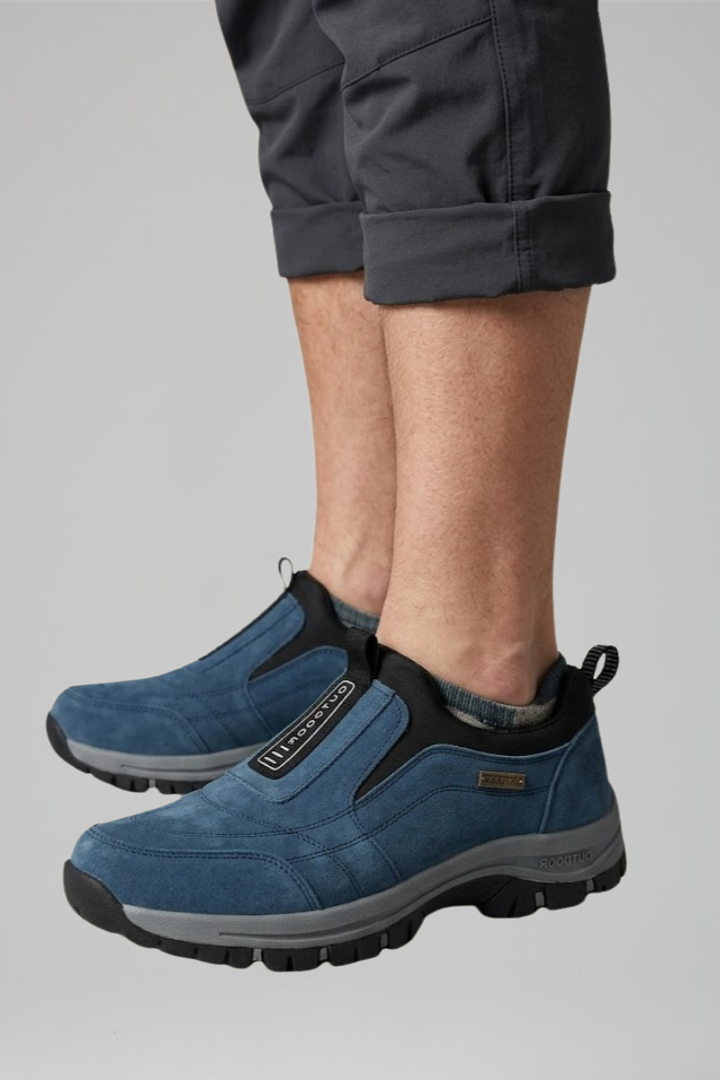 Men's slip-on walking shoes with orthopedic support and rugged treaded outsole