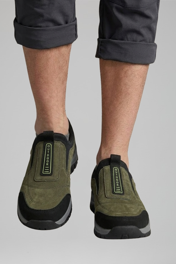Men's slip-on walking shoes with orthopedic support and rugged treaded outsole