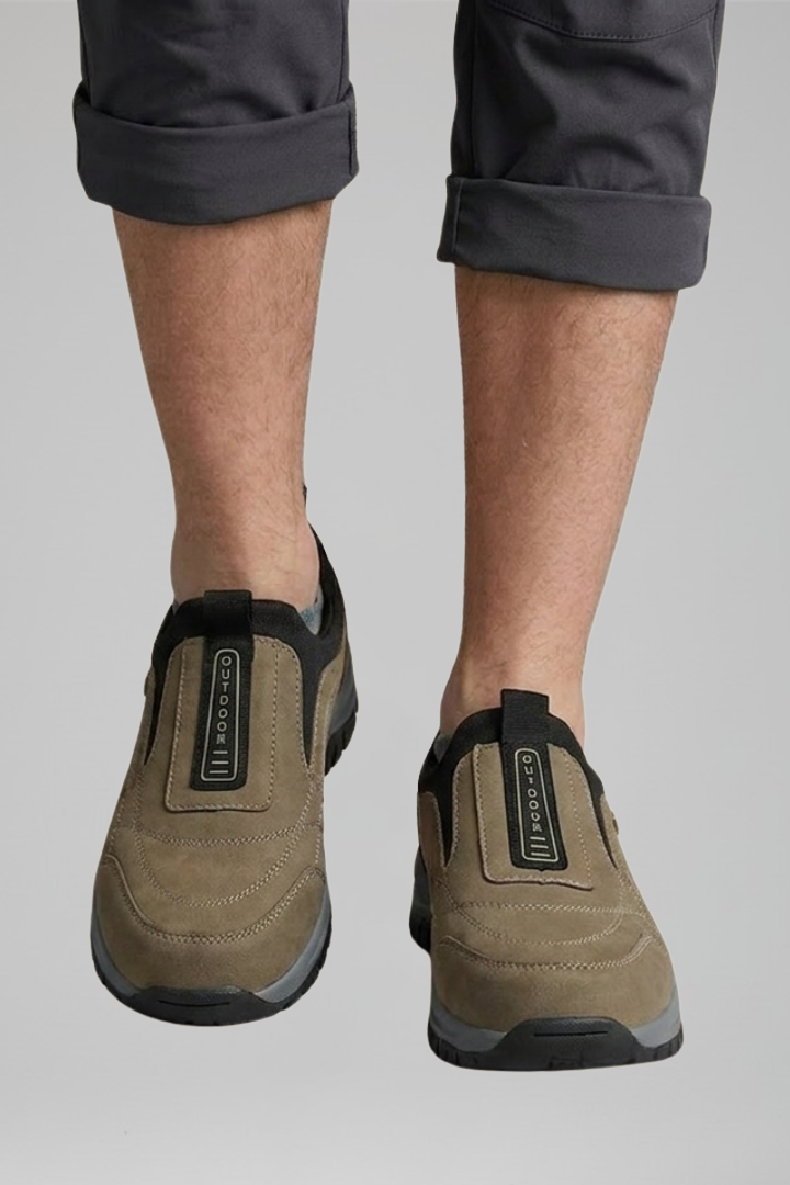 Men's slip-on walking shoes with orthopedic support and rugged treaded outsole
