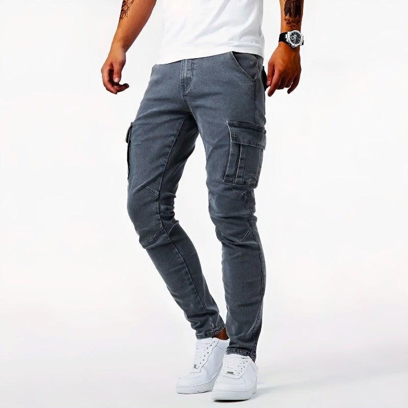 Men's slim fit cargo jeans in grey, light blue and black, street style denim