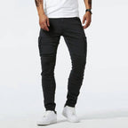 Men's slim fit cargo jeans in grey, light blue and black, street style denim