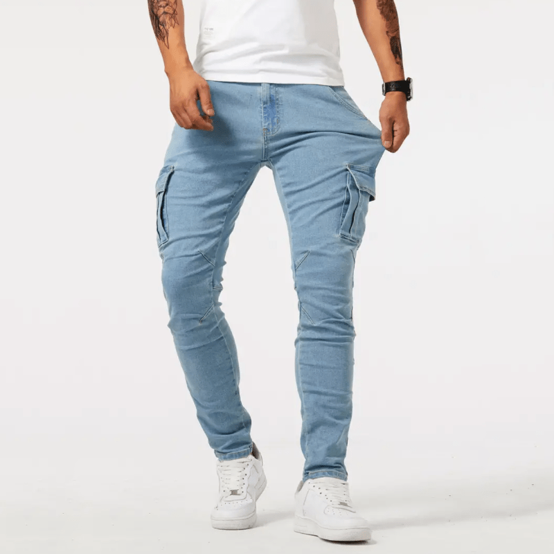 Men's slim fit cargo jeans in grey, light blue and black, street style denim
