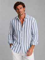 Men Linen Look Shirt Vertical Striped Relaxed Fit Casual Button Up