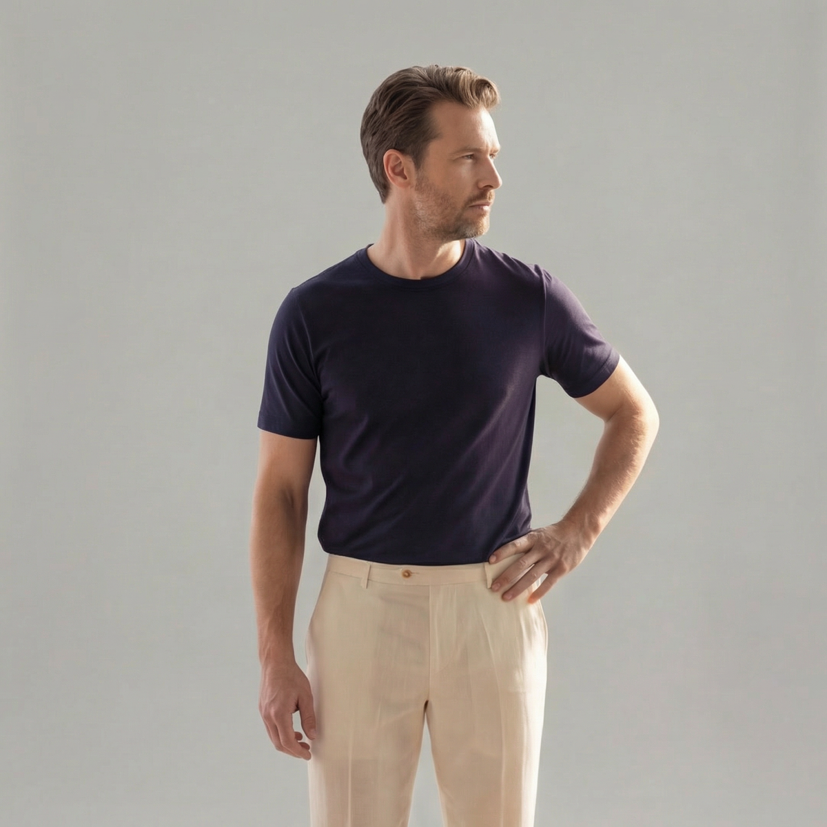 Men linen trousers casual structured fit in beige navy and white