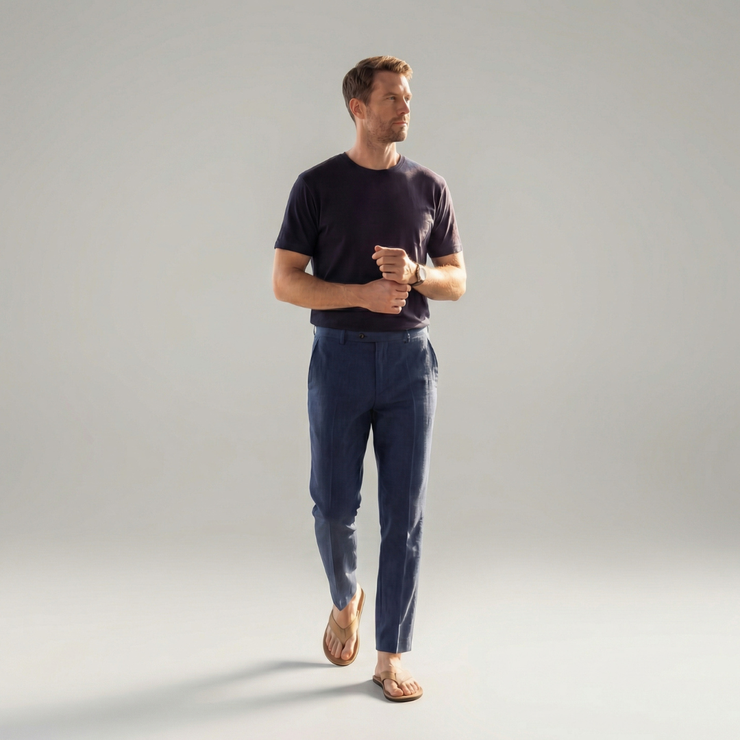 Men linen trousers casual structured fit in beige navy and white