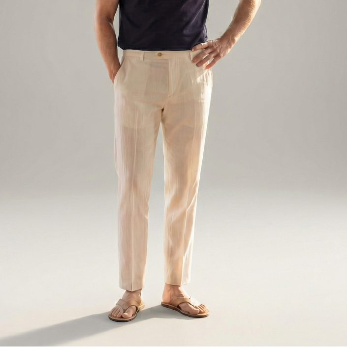 Men linen trousers casual structured fit in beige navy and white