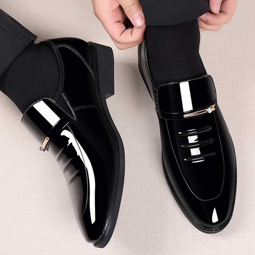 Men patent leather look loafers with metal bar detail and low block heel