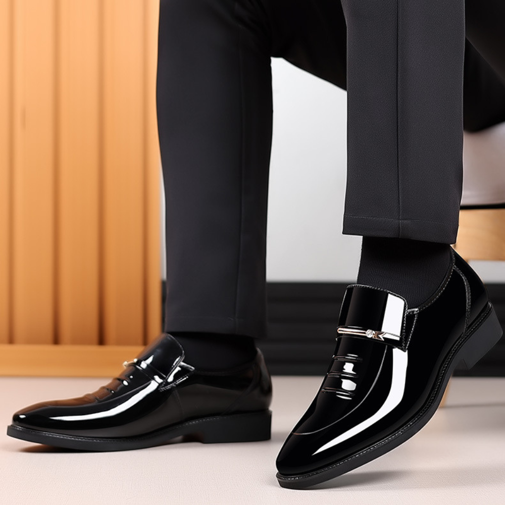 Men patent leather look loafers with metal bar detail and low block heel