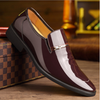 Men patent leather look loafers with metal bar detail and low block heel