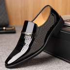 Men patent leather look loafers with metal bar detail and low block heel