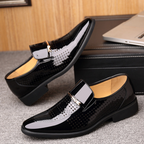 Men patent leather look loafers with metal bar detail and low block heel
