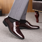 Men patent leather look loafers with metal bar detail and low block heel