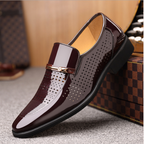 Men patent leather look loafers with metal bar detail and low block heel