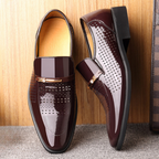 Men patent leather look loafers with metal bar detail and low block heel