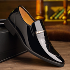 Men patent leather look loafers with metal bar detail and low block heel